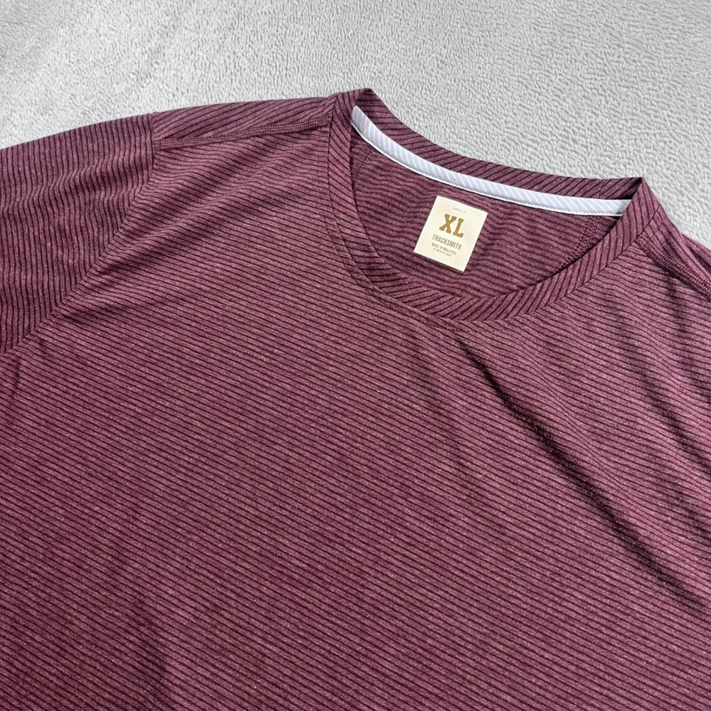 Tracksmith Mens XL Horizon Tee Running Shirt Burgundy Striped Short Sleeve